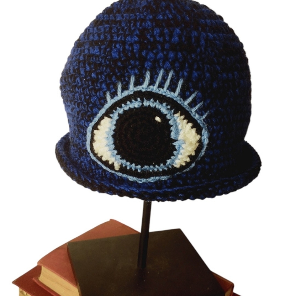 Handmade Crocheted Evil Eye Boho Blue & Black Beanie